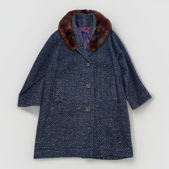 Jackets & Blazers - VTG 60's Britainaire Women's Blue Woven Wool Coat Mink‎ Collar Union Made Large